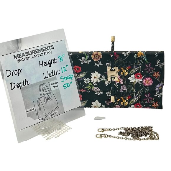 KELLY & KATIE BLACK FLORAL CLUTCH CROSSBODY PURSE W/ GOLD PLATED CHAIN STRAP - Picture 3 of 6